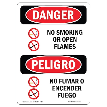 OSHA Danger, No Smoking Or Open Flames Bilingual, 10in X 7in Aluminum